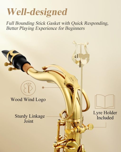 Saxofon Tenor Eastar Saxofon para Estudiantes en Si Bemol Dorado Lacado Saxofon Tenor Bb Principiante con Pano de Limpieza, Estuche de Transporte, Boquilla, Correa para el Cuello, Canas, Kit Completo, TS-? - Imagen 2
