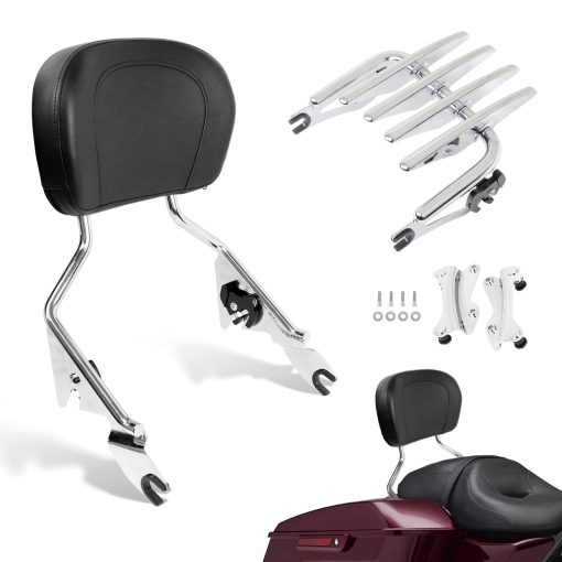 AUFER Respaldo de pasajero desmontable cromado con parrilla para equipaje Stealth y kit de hardware de montaje de 4 puntos compatible con Touring Road Street Electra Glide Road King 2014-2023