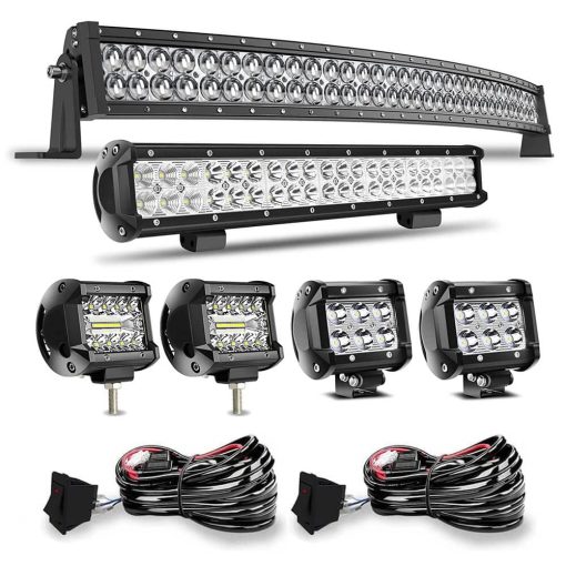 Barra de luz LED curvada 5D de 52" 300W + barra de luces LED recta de 20" 126W + 4x cubos LED de 4" + kits de cableado para lampara de manejo de barco marino Polaris Pioneer Can Am Defender UTV ATV Kubota Kawasaki Suzuki Pathfinder