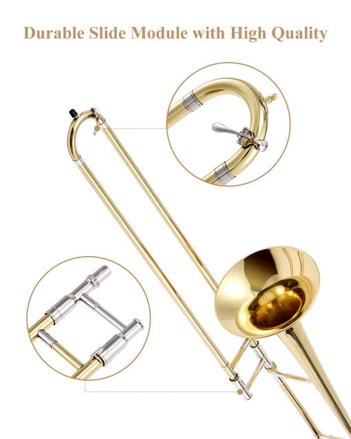 Trombon de vara para principiantes Eastar Bb Tenor, instrumento de trombon de laton B plano plateado con boquilla, guantes blancos, kit de limpieza, ETB-330, Dorado - Imagen 3