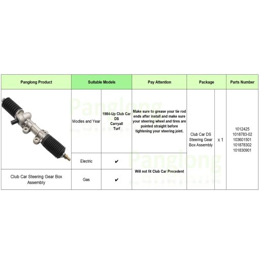 Panglong Club Car DS Rack and Pinion, Caja de Direccion Club Car DS, Engranaje de Direccion DS, Apto para Carrito de Golf Club Car DS a Gasolina o Electrico desde 1984 en Adelante, OEM# 1012425, 1018783-02, 103601501, 101878302 - Imagen 6