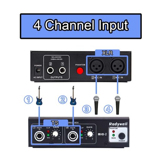 Rodyweil Preamp de Microfono Booster de Microfono 4 Entradas Max 65db DI Box con Phantom Power de 48V para Microfono Dinamico y de Condensador - Imagen 2