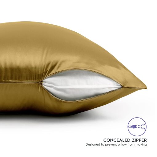 Funda de Almohada de Seda de Tafts - 22mm 100% Pura Seda de Morera 6A Funda de Almohada de Seda para Cabello y Piel con Cierre de Cremallera, Refrigerante, Natural, Organica, Doble Cara Funda de Almohada de Seda (Dorado, King 20x36 2pc) - Imagen 3