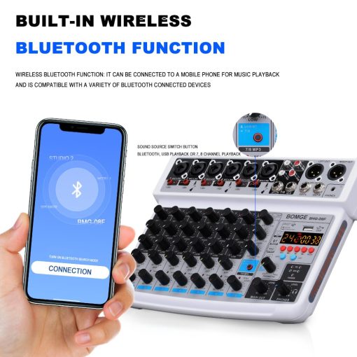 Mezclador de audio de 8 canales BOMGE Line Mixer DC 5V con reproductor MP3, Bluetooth, U disk 48V, 24 efectos DSP, grabacion USB Ideal para pequenos clubs o bares, grabacion de estudio (8 canales - BLANCO) - Imagen 3