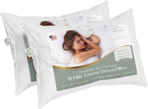 Almohada tamano Queen de East Coast Bedding - 1 Pack - Almohada de lujo de hotel para una cama de lujo - Almohada 100% pluma de ganso Europeo 800FP - Almohada sin plumon para dormir - Imagen 7