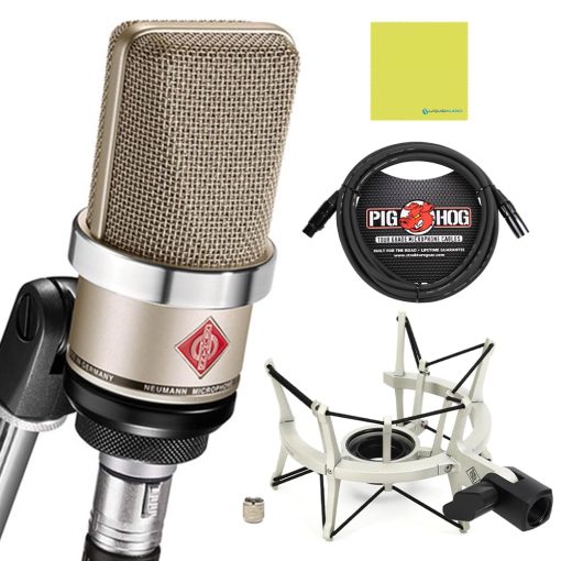Paquete de estudio Neumann TLM-102 Microfono de condensador cardioide en niquel con cable de Pig Hog y pano de pulido Liquid Audio