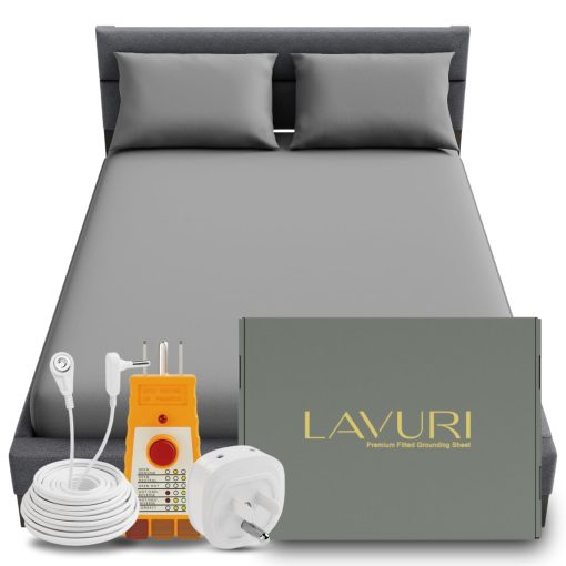 Sabana Ajustable de Conexion a Tierra LAVURI, 90% Algodon Suave Pima + 10% Fibras de Plata Pura, Sabanas Conectadas a la Tierra para un Sueno Mejorado ? 60?x80?x15? Tamano Queen, Cable de Conexion a Tierra Incluido