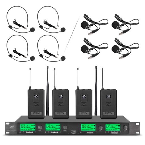 Sistema de Microfono Inalambrico WENWEN Pro UHF de 4 Canales con 4 Bodypacks Lavalier y 4 Auriculares para Sistema de Karaoke Iglesia Conferencias Bodas Fiesta
