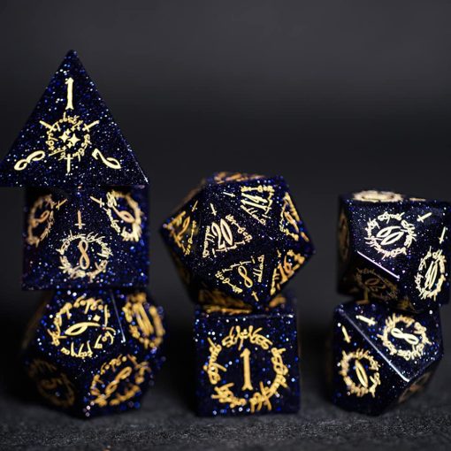 D&D Dungeons and Dragons Dice, Juego de dados poliedricos DND Pretty con tema de lenguaje secreto de elfos de piedra azul para juegos de mesa, TRPG, juegos de rol, 7 piezas - Imagen 2