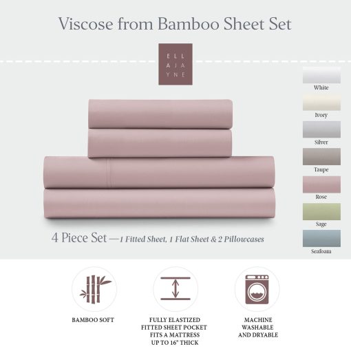 Juego de sabanas de lujo 100% viscosa de bambu Ella Jayne (4 piezas), sabanas de bambu ecologicas y refrescantes, sabanas sostenibles de viscosa de bambu Tamaño Cal King, Juego De Sabanas Cal King De Bambu Viscosa, Rosa - Tamaño Cal King - Imagen 2