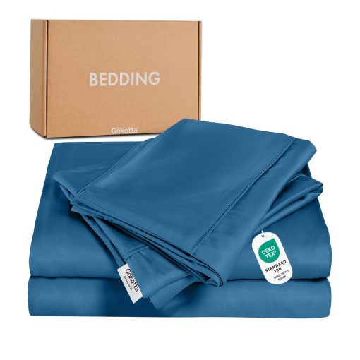 Juego de sabanas de lujo para cama tamano Queen GOKOTTA de 4 piezas, 100 % rayon derivado del bambu, mas suave y fresco que el algodon, sabana ajustable de bolsillo extra profundo de 24" con correas elasticas en las esquinas, Azul