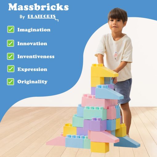 Bloques de Construccion de Plastico Masivo MassBricks - Bloques Gigantes para Ninos, Ninas Edad 1-8 Juega con Piezas Grandes Educativas, de Construccion, y de Apilamiento sin BPA (48 pzs Pastel + Ruedas) - Imagen 2