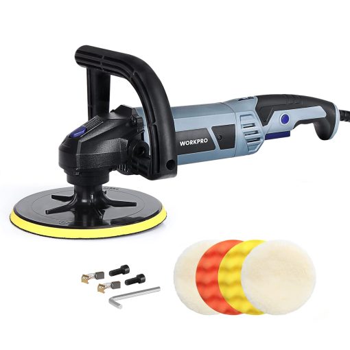 Pulidora Buffer WORKPRO - 7 pulgadas para coche con 4 almohadillas de pulido y pulido, 6 velocidades variables 1000-3800 RPM, mango desmontable, ideal para detallado de coches, lijado, pulido, encerado
