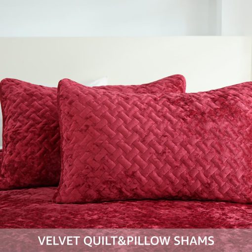 Juego de Edredon de Terciopelo Liians, Juego de Ropa de Cama de Lujo, Elegantes Ultra Suaves Edredones de Terciopelo, Mantas de Cubierta, Colcha de Costura Tejida para Todas las Estaciones, Rojo, Tamaño Queen - Imagen 4
