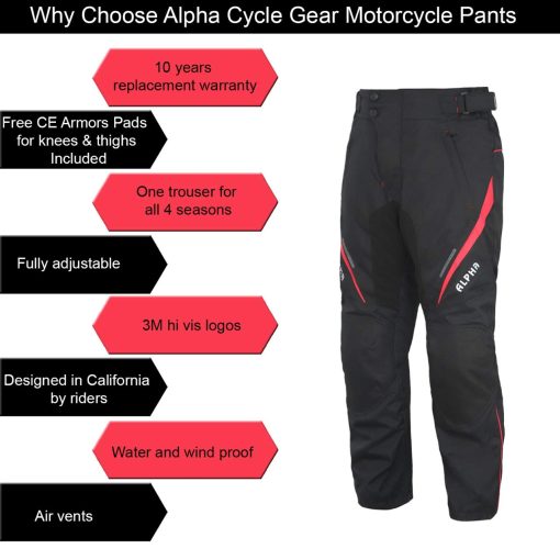 Pantalones de Motocicleta Todo Terreno para Hombres Motocross Offroad Touring Adventure Dual Enduro Impermeables con Armadura CE (ROJO, Cintura 32"-34" Entrepierna 34") - Imagen 3