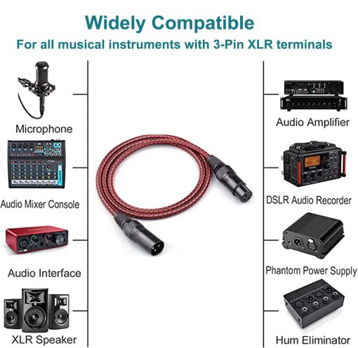 Cable XLR Wekuant, Pack de 2 Cables de Microfono de 6.5FT, Cable de Microfono Balanceado XLR Macho a Hembra de 3 pines, Cable de Microfono Corto con Contactos Dorados - Imagen 4