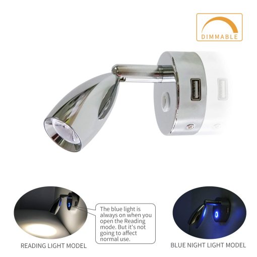 THALASSA 12V Foco USB de Lectura para RV - Interruptor tactil regulable con luz nocturna azul, acabado cromado pulido, montado en superficie en remolque caravana embarcacion interior como luz de noche para camas lampara de libro - Imagen 5