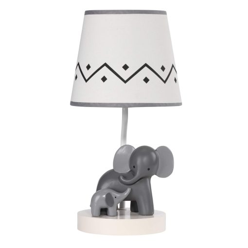 Lampara de vivero de elefantes blanco/gris Me & Mama de Lambs & Ivy con pantalla y bombilla