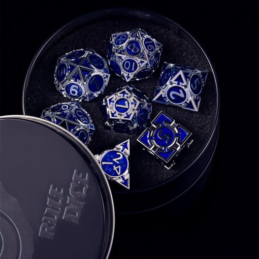 RULE DICE Conjunto de dados de metal para DND Dungeons and Dragons, D&D, Juego de roles de polihedros unico MTG con dados pesados de metal D&D en azul solido con caja de regalo de dados de DND D20 D4 D12 D10 D% D8 D6 - Imagen 2