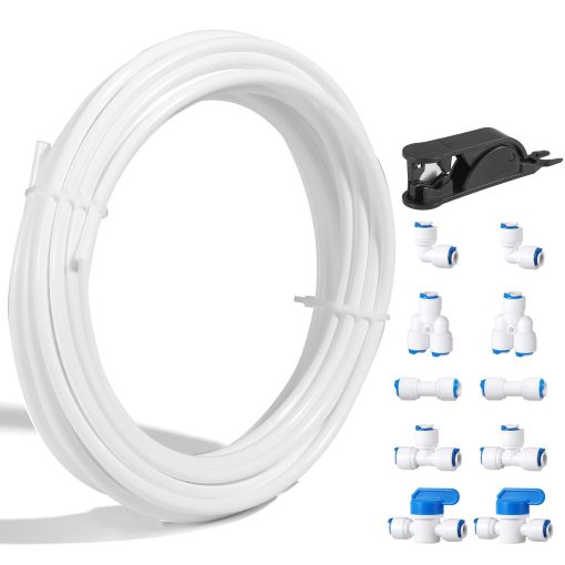 Kit de Linea de Agua de 1/4" OD Profesional para Maquinas de Hielo de Refrigerador, 65 ft Kit de Linea de Agua para Sistemas de Agua RO con Conexiones