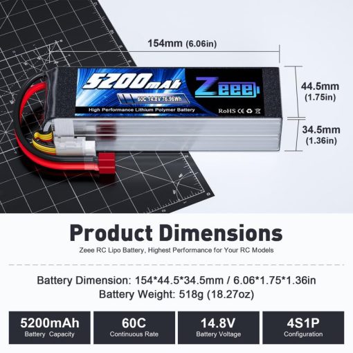 Bateria Lipo Zeee 4S 5200mAh 14.8V 60C con Funda Suave y Conector T Deans para Avion RC Cuadricoptero Helicoptero Coche RC Camion RC Barco - Imagen 2