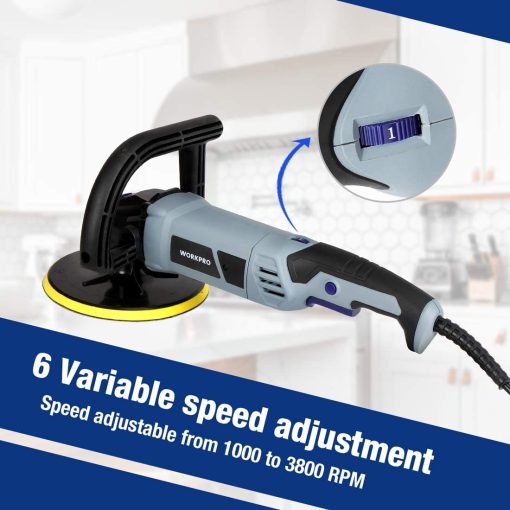 Pulidora Buffer WORKPRO - 7 pulgadas para coche con 4 almohadillas de pulido y pulido, 6 velocidades variables 1000-3800 RPM, mango desmontable, ideal para detallado de coches, lijado, pulido, encerado - Imagen 8