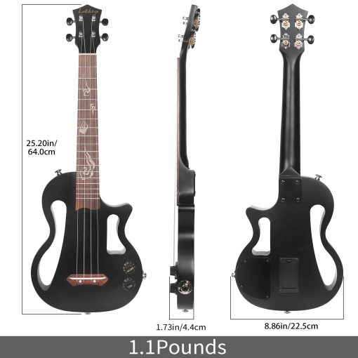 Ukulele Silencioso, Lotkey 26 Pulgadas Cuerpo de Okume Electrico Ukulele para Practica o Presentaciones con Salida de AMP Cuerdas de Nylon Italiano con Afinador Correa y Accesorios Completos (Negro) - Imagen 5