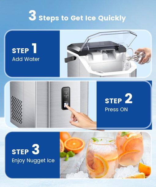 Maquina de Hielo COWSAR Nugget, Hielo Masticable, Hace Hielo Rapido 34 Libras/Dia, Auto-Limpieza, Maquina Portatil de Acero Inoxidable para Cocina, Oficina, Fiesta - Imagen 4