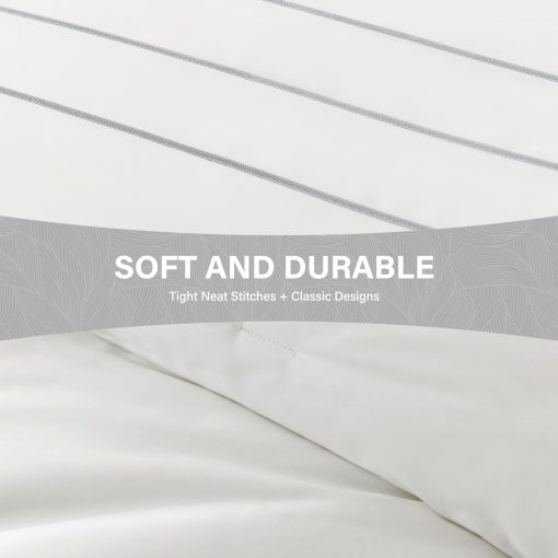 Juego de Edredones de Algodon de Fibra Larga SahSahCasa para Cama Queen, Edredon Esponjoso, Juego de Ropa de Cama de Algodon 100% para Cama Queen, Edredon Acolchado Ligero con Bordado a Rayas, 90" x 90", 3 piezas, Blanco - Imagen 5