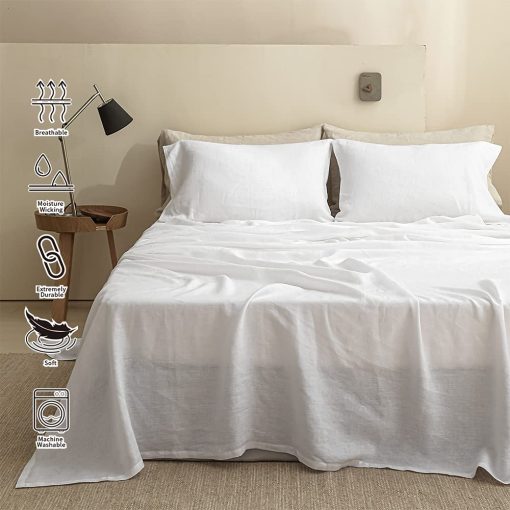 Juego de sabanas de lino Simple&Opulence 100% 4 piezas Estilo basico, Bolsillo profundo, Sabanas de cama de lino lavado frances solido suave y transpirable - Blanco, King - Imagen 8