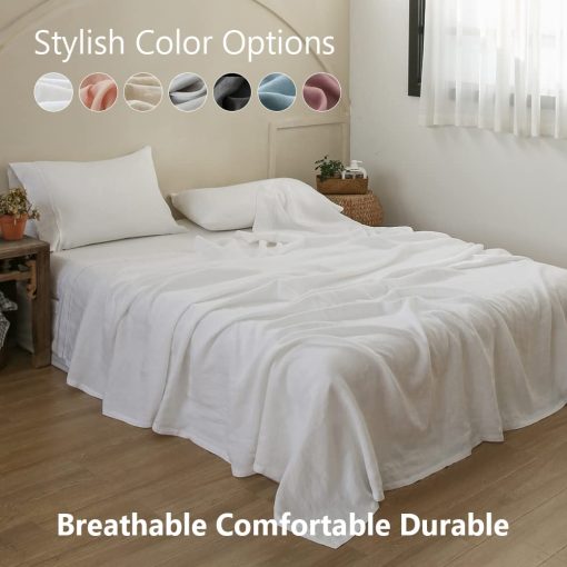 Juego de Sabanas de Lino 100% Simple&Opulence con Bordado Lavado - 4 Piezas (1 Sabana Plana & 1 Sabana Ajustable & 2 Fundas de Almohada) Suave Ropa de Cama Transpirable Estilo Granja - Blanco, Tamaño Queen - Imagen 6