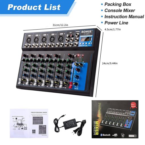 Mezclador de Audio Portatil Bluetooth BOMGE K7 con Consola de Mezcla de Sonido USB MP3 Estereo 48V para Grabacion de PC, Mezcladoras de 4/7 Canales para Estudio de DJ (7 Canales) - Imagen 8