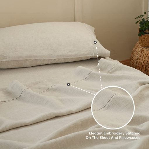 Juego de sabanas 100% lino Simple&Opulence con bordado lavado - 3 piezas (1 sabana plana y 1 sabana ajustable y 1 funda de almohada) Lino natural suave ropa de cama transpirable estilo de granja - Lino, Tamaño Individual - Imagen 5