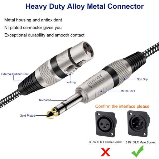 Cable XLR Hembra a 1/4 Pulgada TRS 50 FT, Trenzado de Nylon XLR 3 Pin Hembra a 6.35mm TRS Macho Cable Balanceado de Microfono (Conductores de Cobre Puro) - Imagen 2