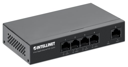 Switch Ethernet PoE+ Intellinet de 5 Puertos - 4 Puertos PoE+ @40W, Potencia de Salida de hasta 30W por Puerto - Capacidad de Conmutacion de 10Gbps, No Administrado, Montable en Pared, Silencioso - Garantia de Fabrica de 3 Anos - 561792