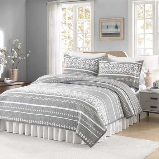 Juego de Colcha Boho Cinefoso, Colcha Queen Size 100% Algodon Gris Juego de Colcha Bohemio con Estampado de Rayas Cubrecama Reversible Conjunto de Ropa de Cama Ligera para Todas las Estaciones, Gris 3 Piezas - Imagen 2