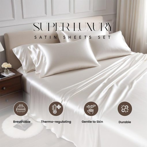 Juego de Cama 100% Seda Satinada de Bedify Bedding 7 Piezas - Set de Edredon, Sabana Ajustable de 15 Pulgadas de Bolsillo Profundo y Sabana Plana con Fundas de Almohada Suaves sin Arrugas y Resistentes al Desvanecimiento (Azul Cielo, Short Queen) - Imagen 2