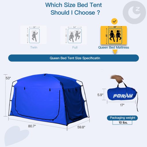 Tienda de Cama Portatil para Privacidad en Tamaño Queen, 90% de Bloqueo de Luz para Dormir, Tienda de Espacio Interior con Gran Espacio de Malla Transpirable (Azul, Queen) - Imagen 4