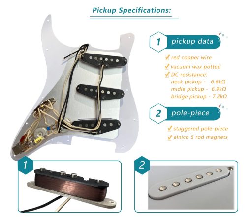 Pickguard precableado LAMSAM compatible con guitarras estilo Stratocaster de 11 hoyos, cargado con pastillas de bobina simple Alnico V, interruptor de 5 posiciones CTS Pots potenciometro de push pull, blanco - Imagen 2