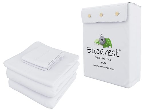 Juego de sabanas Split-King de Lyocell de Eucalipto, Hipoalergenico 100% Organico Tencel, Regulacion Termica y Absorcion de Humedad para Personas que Duermen Calientes, Calidad Superior de Hilos, Bolsillos Extra Profundos - Blanco - Imagen 9