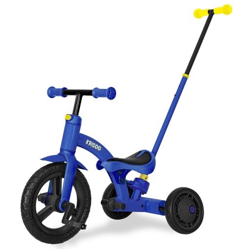 Triciclo KRIDDO 4 en 1 para ninos de 1.5 a 3 anos con manillar de direccion para padres, rueda delantera de 12 pulgadas, bicicleta de equilibrio para ninos de 18 meses a 3 anos, altura ajustable, azul