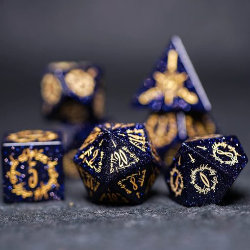 D&D Dungeons and Dragons Dice, Juego de dados poliedricos DND Pretty con tema de lenguaje secreto de elfos de piedra azul para juegos de mesa, TRPG, juegos de rol, 7 piezas
