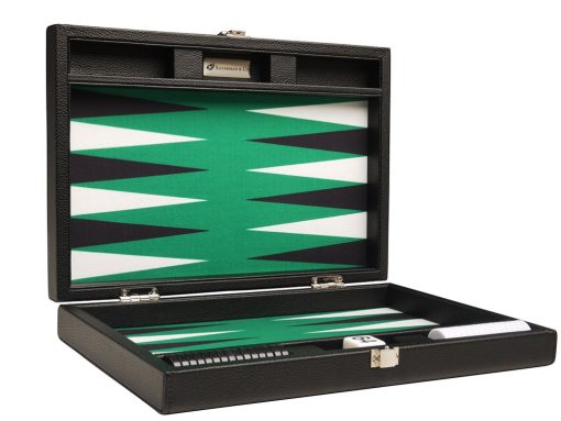 Tablero de backgammon premium de 13 pulgadas - Tamaño de viaje - Tablero negro, superficie de juego verde, puntos negros y blancos