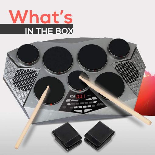 Pyle Pro Electronic Drum kit - Set de bateria electronica portatil con panel digital, 7 almohadillas de bateria, controlador de pedal de Hi-Hat / Kick Bass, USB AUX - Tom Toms, platillos, caja de la bateria - PTED06 - Imagen 7