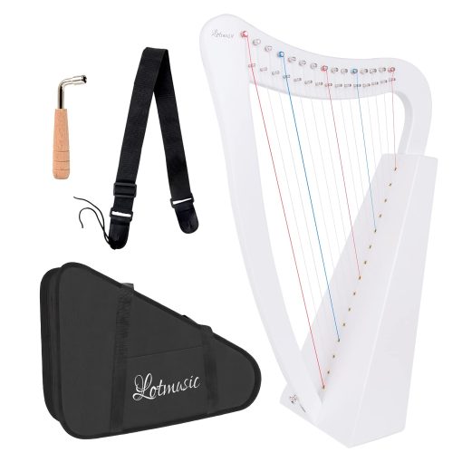 Arpa Lira, 15 cuerdas 22 pulgadas Instrumento Musical de Abedul Macizo Altura para Adultos Niños Principiantes con Llave de Afinacion Bolso Negro Correa (Blanco)