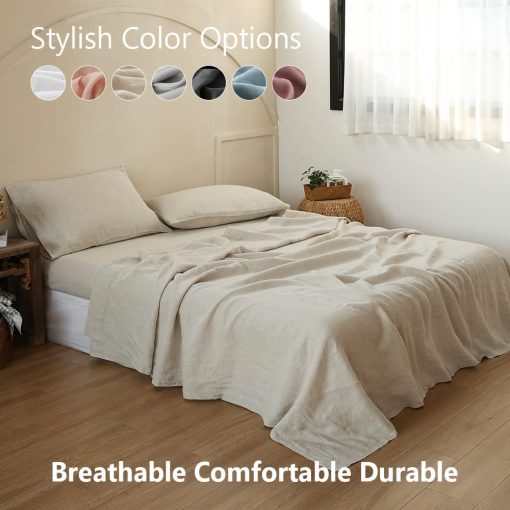 Juego de sabanas 100% lino Simple&Opulence con bordado lavado - 3 piezas (1 sabana plana y 1 sabana ajustable y 1 funda de almohada) Lino natural suave ropa de cama transpirable estilo de granja - Lino, Tamaño Individual - Imagen 6