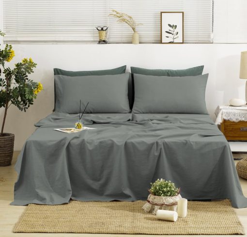 Juego de sabanas de lino TUMEI tamano Queen, Set de 4 piezas de sabanas de lino frances lavado al 100%, con sabana bajera ajustable de bolsillo profundo duradera y sabana plana y 2 fundas de almohada, Queen gris oscuro