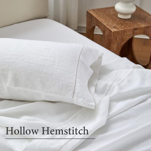 Juego de Sabanas Simple&Opulence 100% Lino con Ribete de Ovillos - 4 Piezas de Sabanas de Cama de Lino Europeo Puro Lavado (1 Sabana Plana, 1 Sabana Ajustable, 2 Fundas de Almohada) - Transpirable y Suave (Blanco Ovillos, King) - Imagen 2