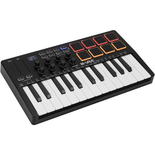 Controlador de teclado MIDI USB de 25 teclas M-Wave con 8 pads de bateria retroiluminados, Bluetooth Semi Ponderado teclado profesional dinamico de 8 perillas y produccion musical, software incluido (clasico) K5