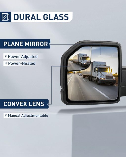 Espejos de remolque ECCPP para camionetas F150 PickUp 2015-2019 con ajuste electrico de potencia en lado izquierdo y derecho, calefaccion, luz de giro con carcasa negra, plegado manual y extension manual - Imagen 3